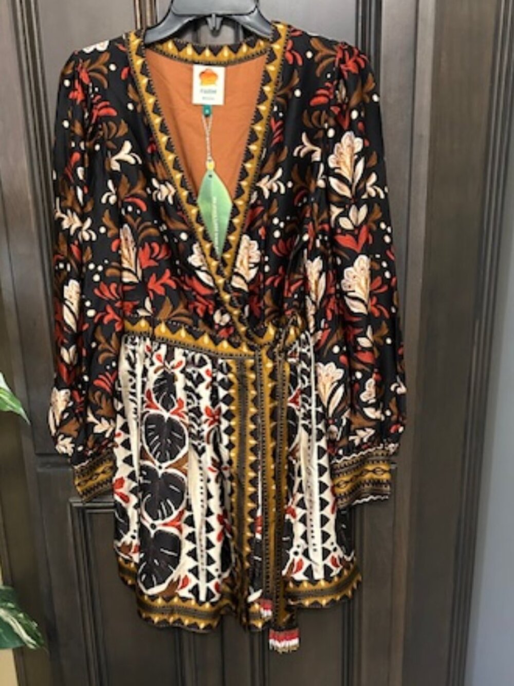 Farm Rio Tapestry Garden Multicolor V Neckline Long Balloon Sleeves Mini Dress
